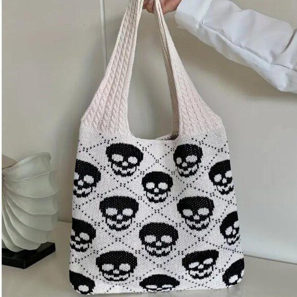 Knitted Skull Tote Bag | Gothic Punk Shoulder Purse | Y2K Soft Knit Grunge Gift - Picture 1 of 3